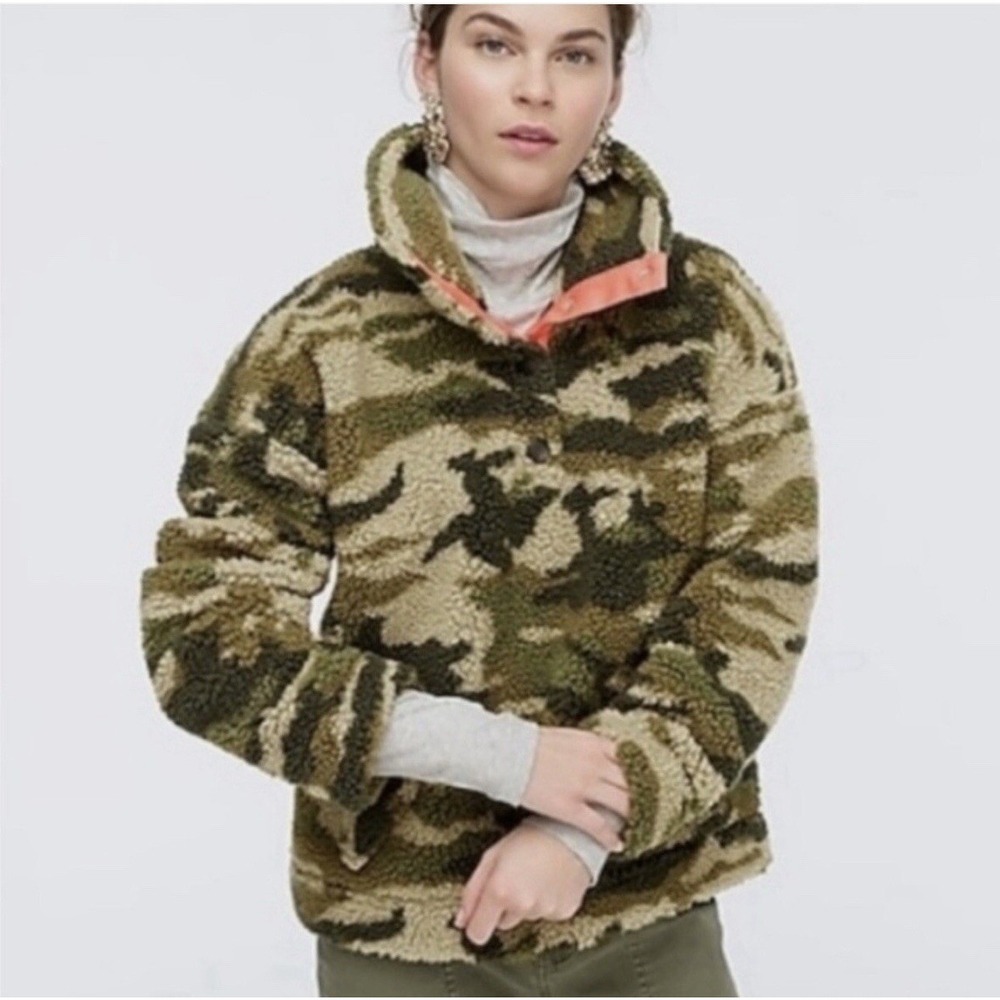 J. Crew Womens Jacket XS Camouflage VTG Fleece Stand Collar Sherpa Cozy Cabin‎